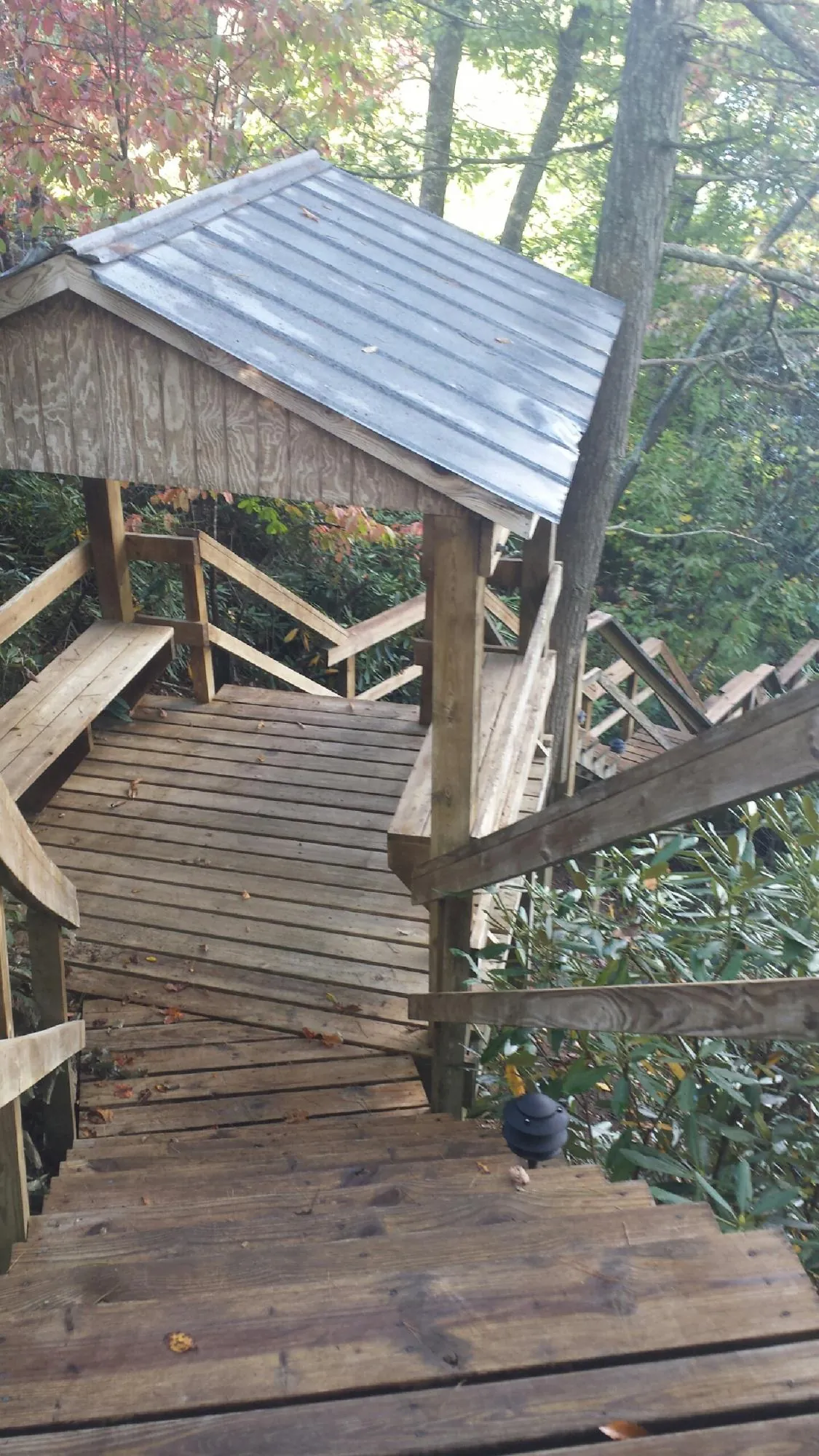 Metal roofed shelter over wooden steps on a wooded walkway — Skylight Repair & Installation work by our crew in Sandy Level